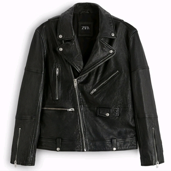 Zara 100% Leather Biker Moto Jacket Black Men's Size Small - Picture 1 of 14